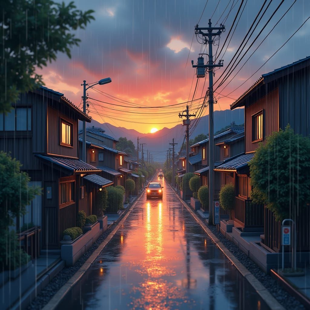 Rainy Japanese Town Street at Sunset: Ghibli-Inspired Scene