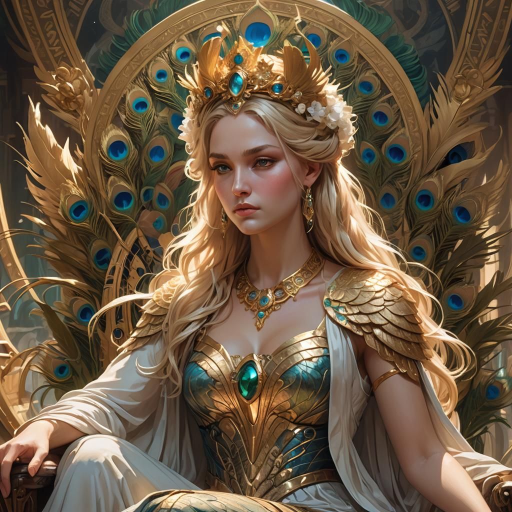 Hera on Peacock Throne: Hyperdetailed Art Portrait