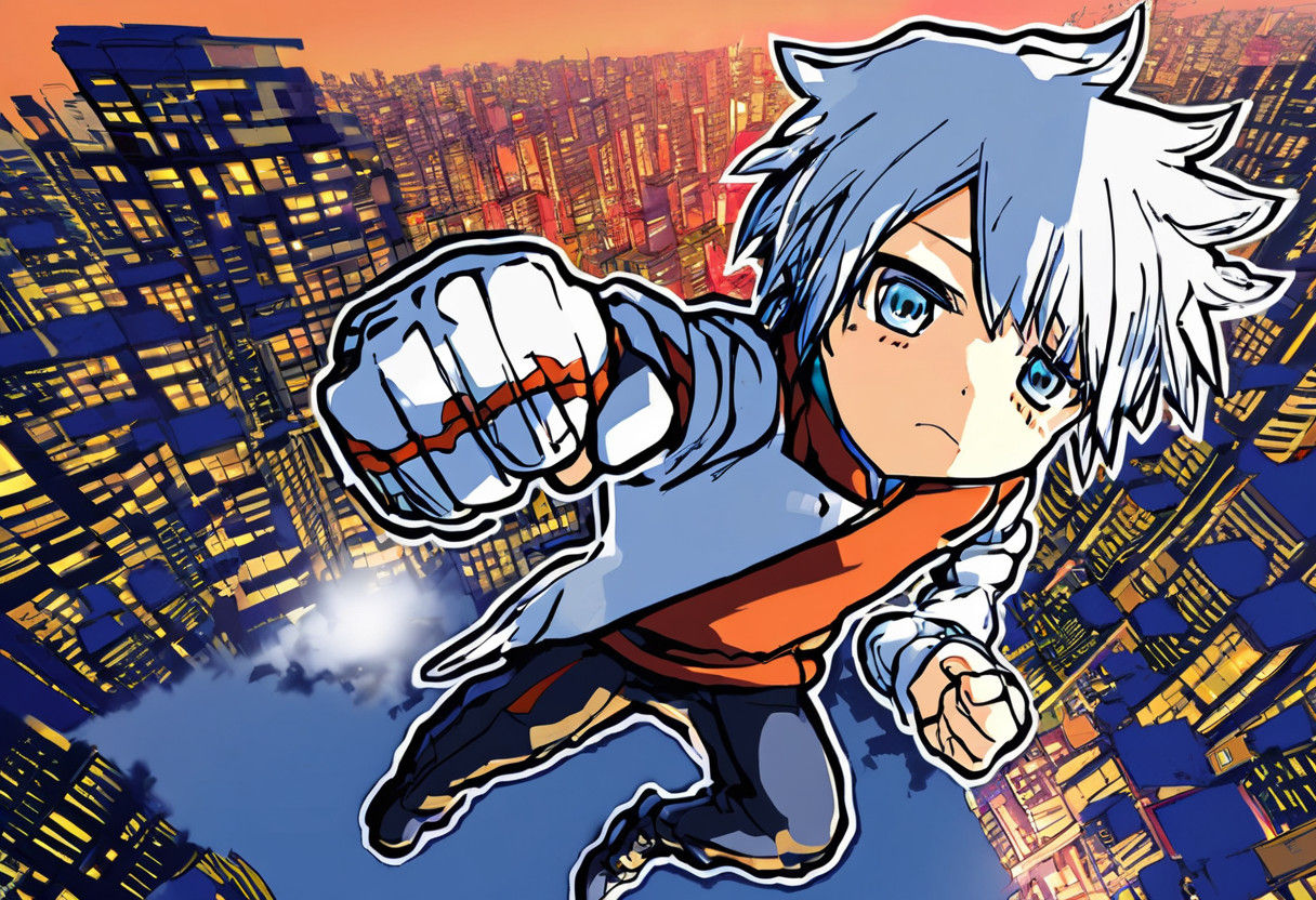 Heroic Anime Character in Vibrant Futuristic Cityscape