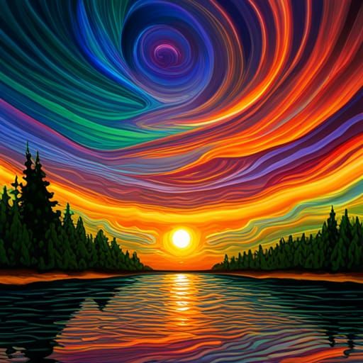 Rainbow Vortex Reflection in Psychedelic Art Nouveau