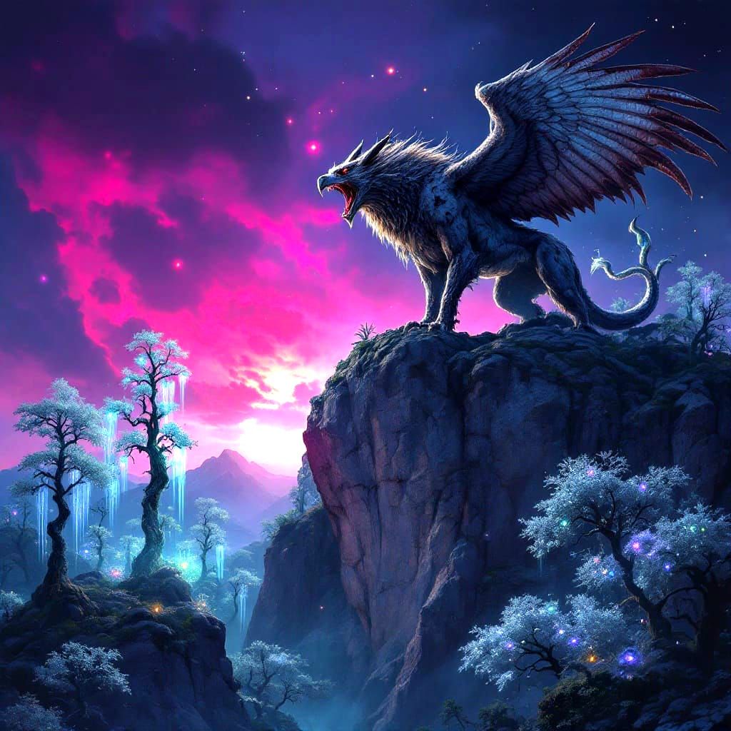 Eagle-Winged Beast Stands atop Rocky Cliff Under Dark Magent...