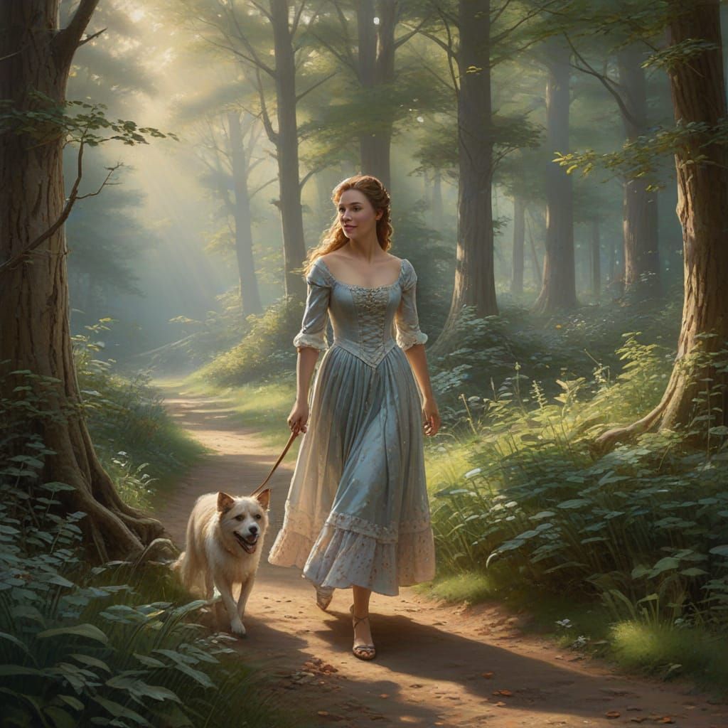 16th Century Ethereal Beauty Walks Dog in Misty Forest