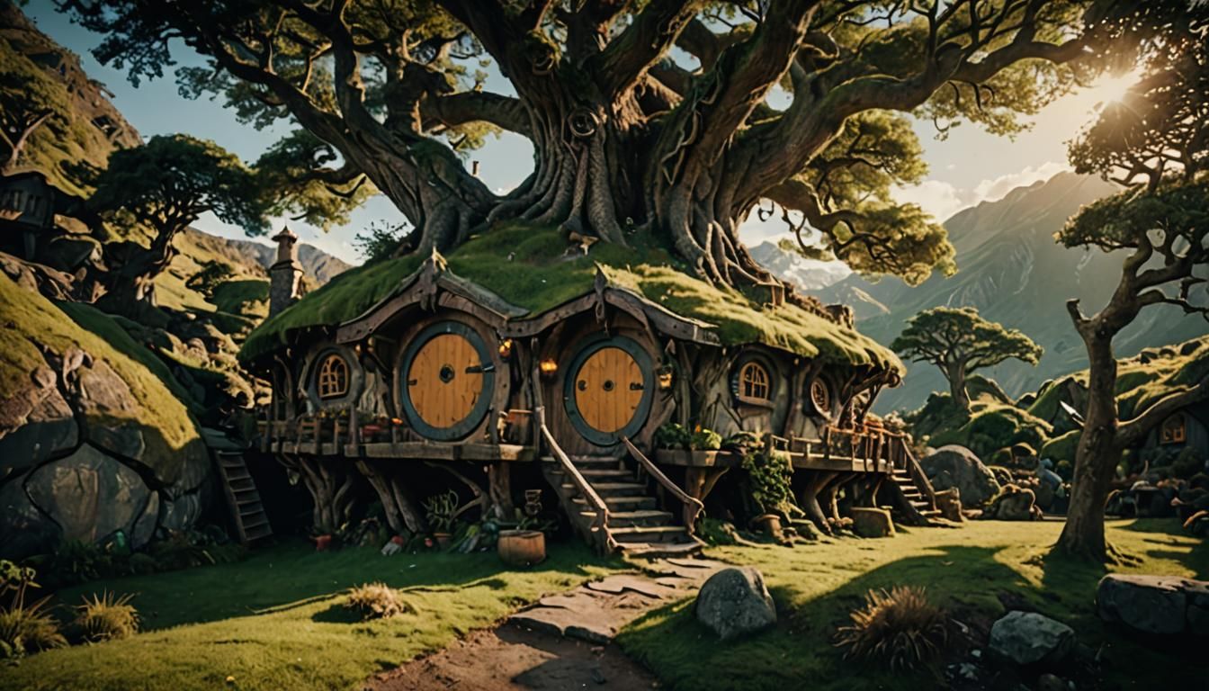 Cinematic Hobbit Treehouse Film Still