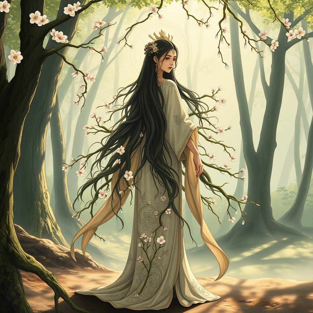 Forest Goddess in Hanfu Robes: Art Nouveau Style
