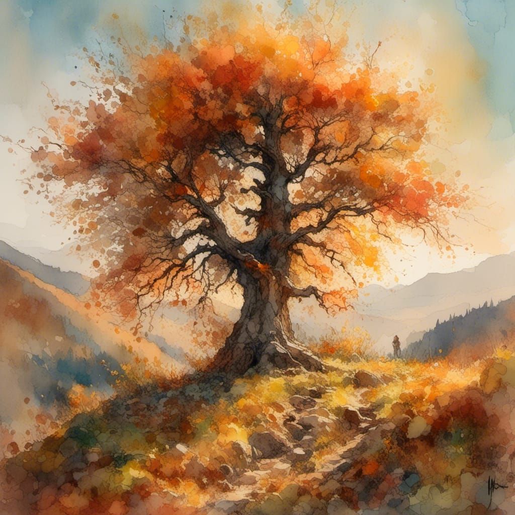 Autumn Landscape: Impressionist Painting of Old Tree