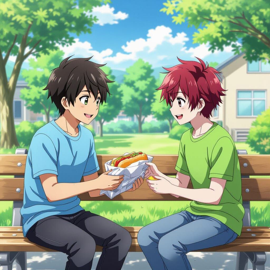 Boys Sharing Lunch: Anime-Inspired Friendship Scene