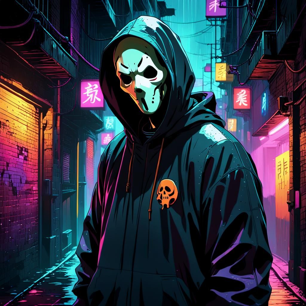Ghostface in Dark Alleyway, Cinematic Anime Style