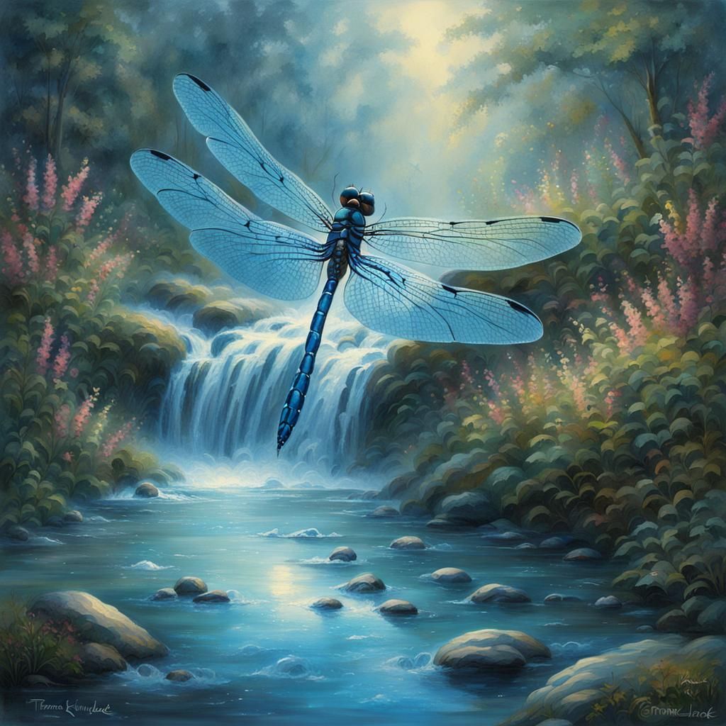 Blue Dragonfly Over Stream in Ethereal Fantasy Style