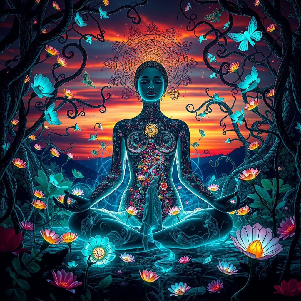 Mystical Woman in a Dreamlike Labyrinth of Light and Fantasy