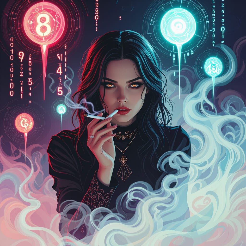 Mystical Woman Surrounded by Ethereal Statistics