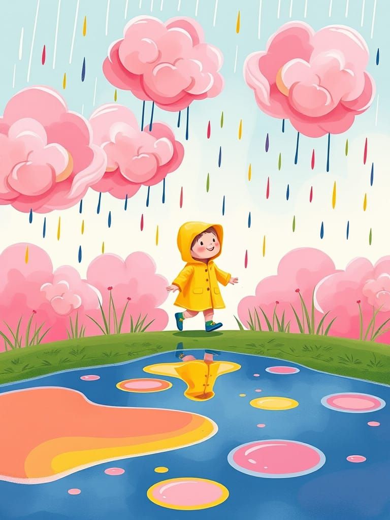 Whimsical Storybook Scene with Cotton Candy Clouds and Rainb...
