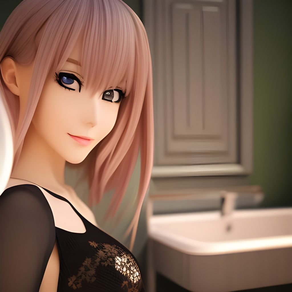 Anime Girl Selfie in Bathroom, 2D Illustration