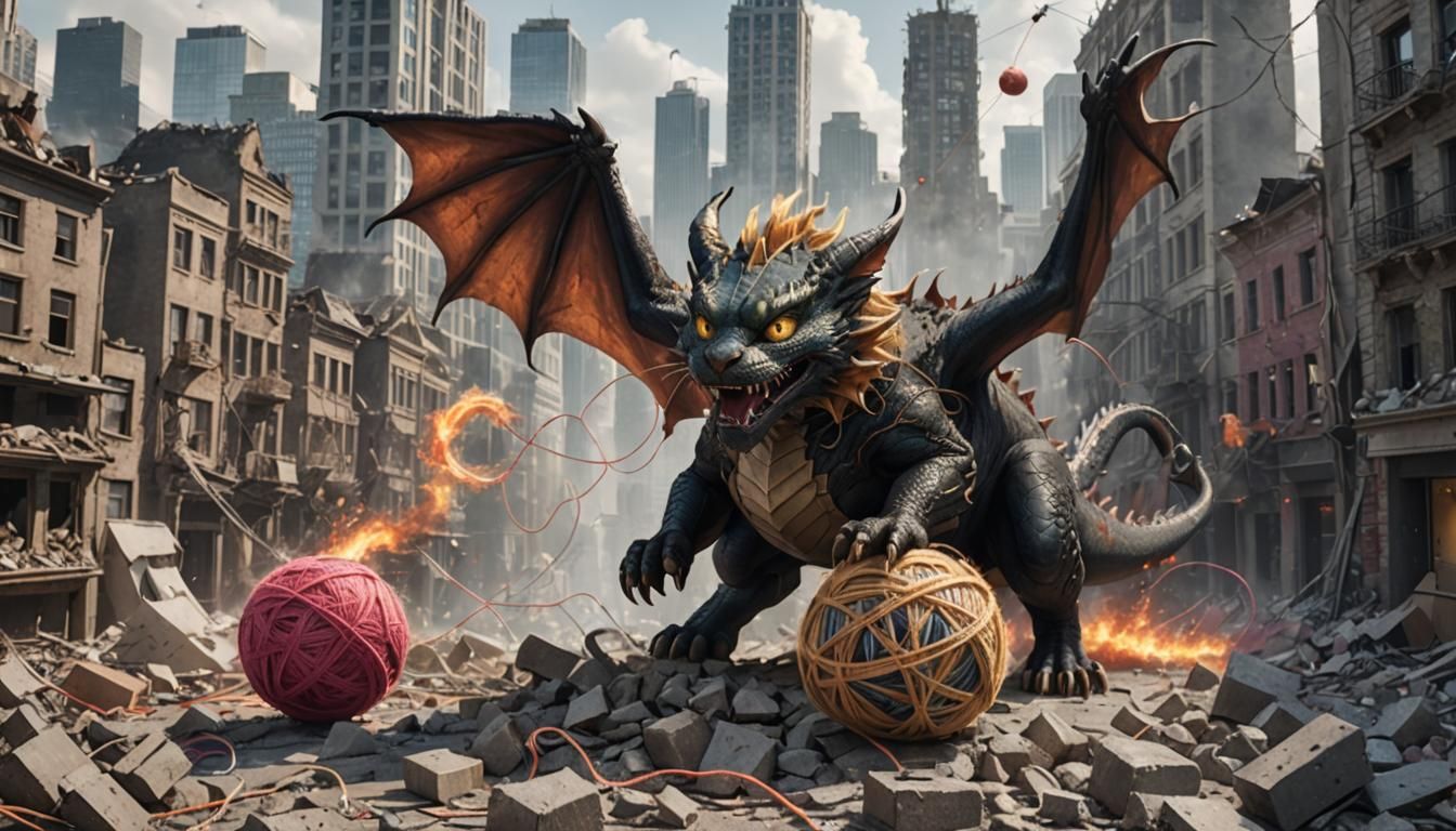 Cat-like Dragon Plays with Yarn, Destroys City