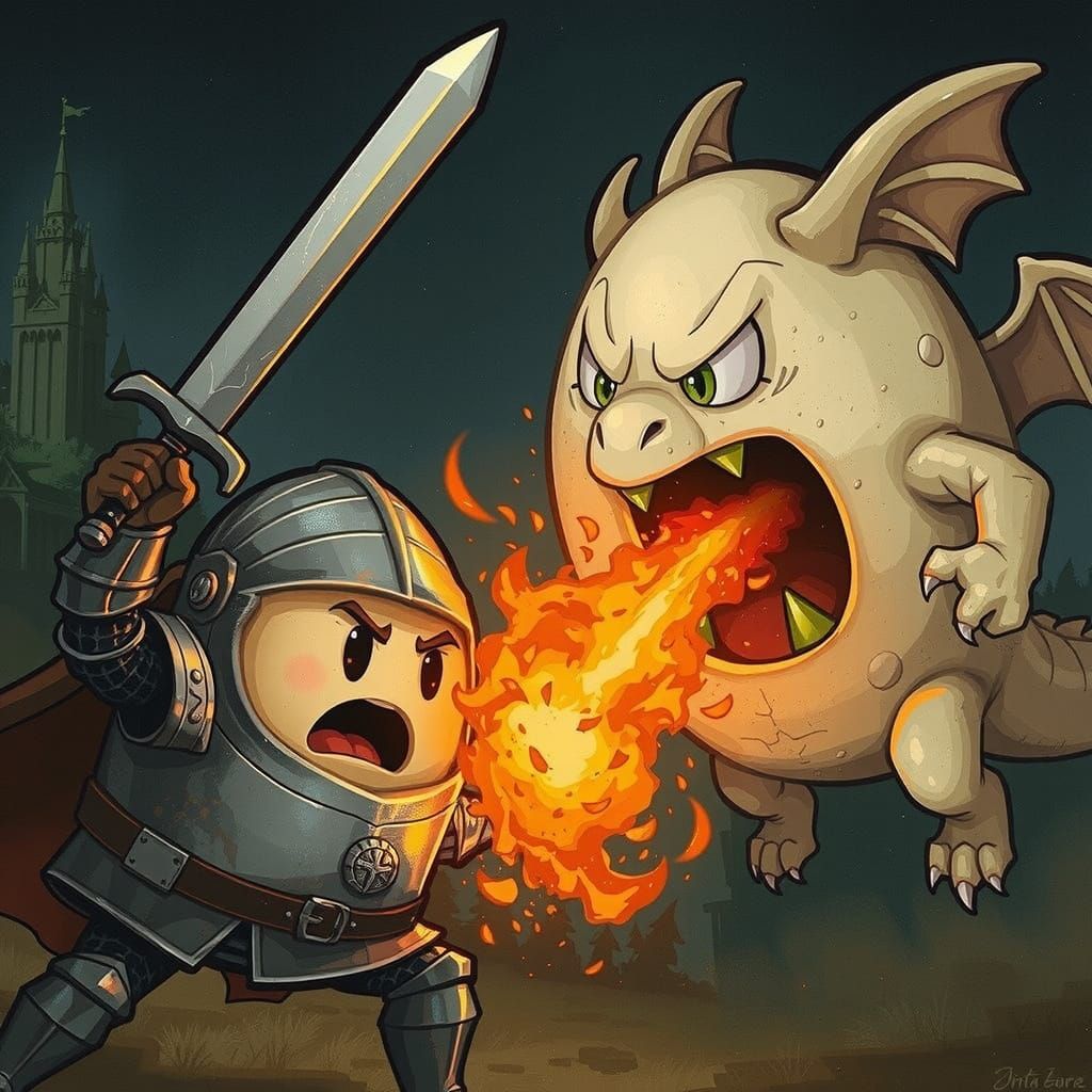 Egg Knight vs. Fire Dragon in Fantasy Forest