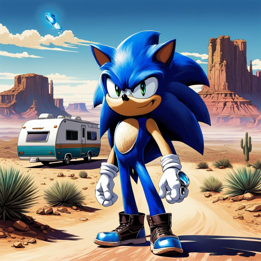 Gritty Graphic Novel-Style Sonic in Desert Landscape