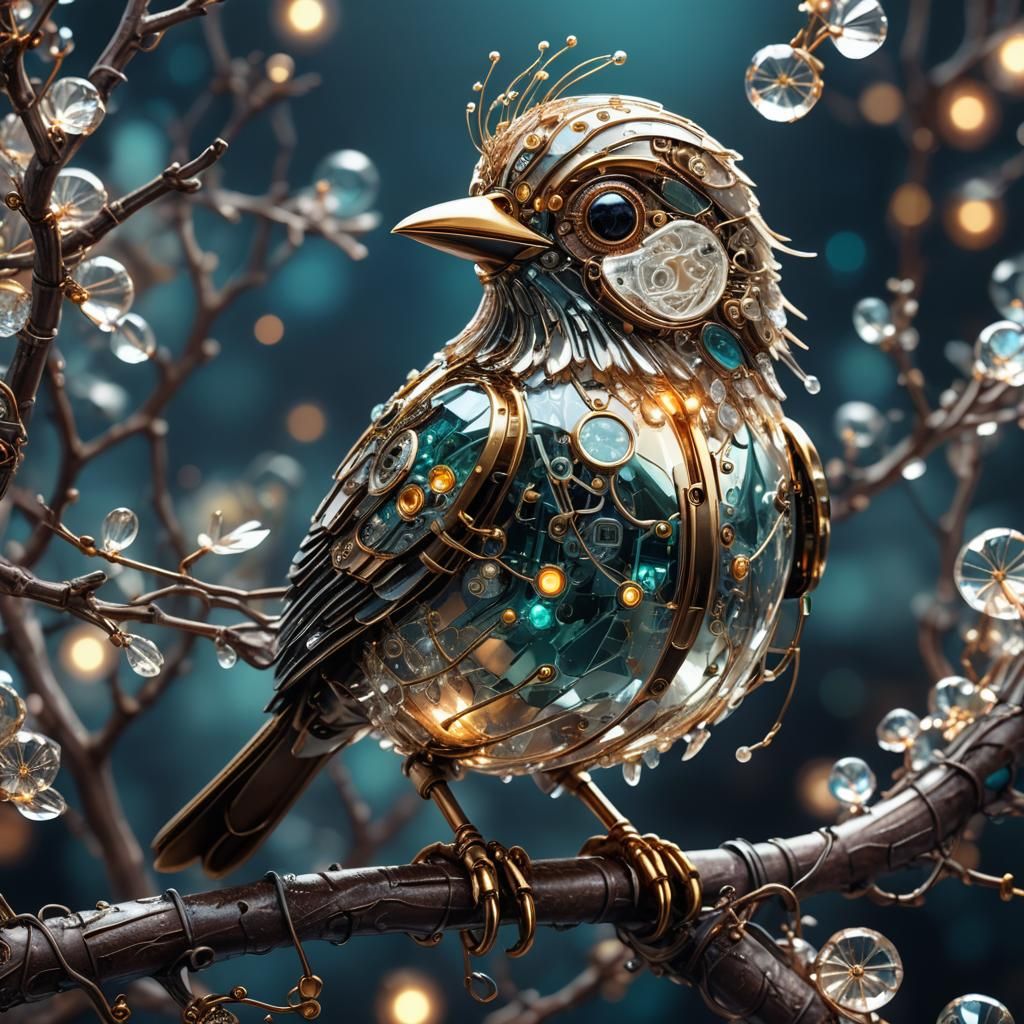 Steampunk Circuit Bird on Branch with Crystal Texture