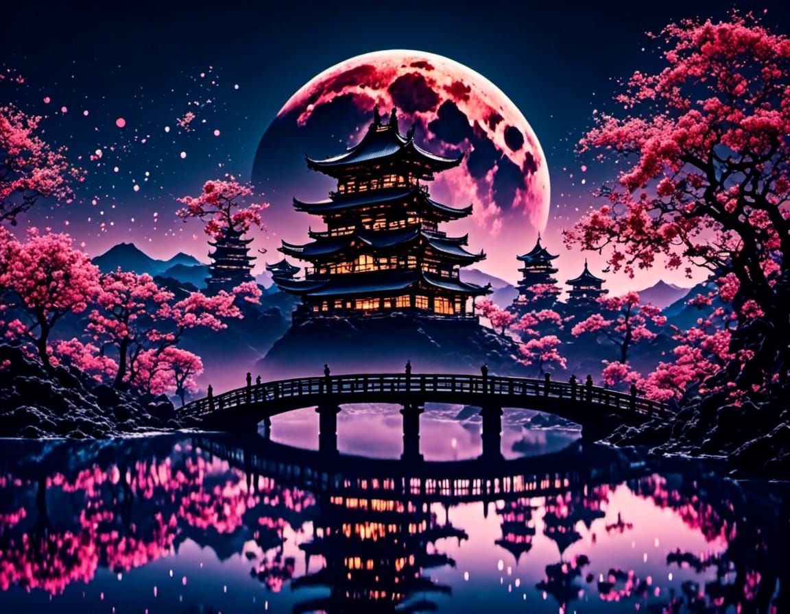 Mystical Japanese Castle Landscape at Midnight
