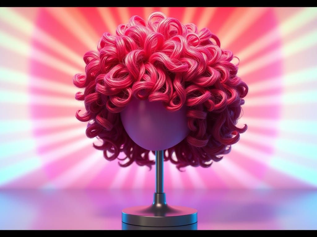 Vibrant Curly Wig on Stand in 3D Digital Art Style