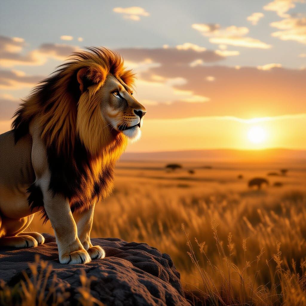 Majestic Lion at Dawn on Serene Savanna