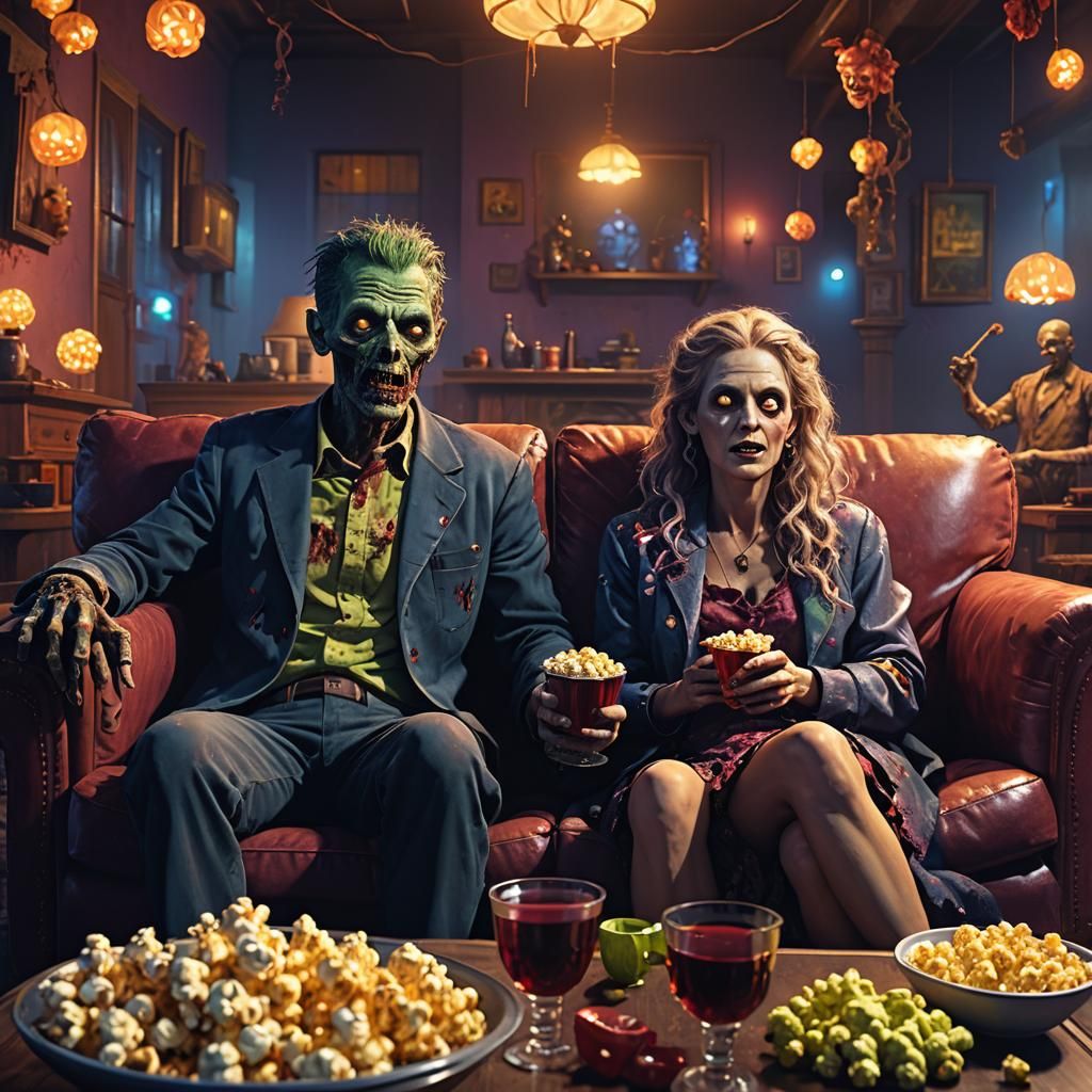 A man and woman zombie watching tv eating popcorn and drinking wine