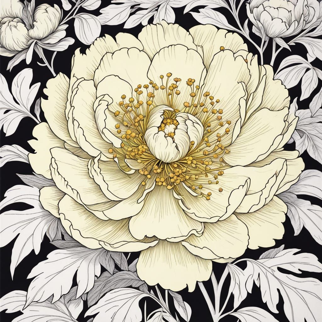 Surrealist Line Drawing of Pale Yellow Peony