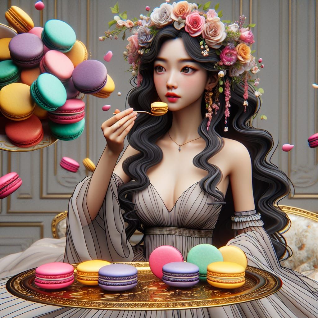 Disney Pixar style 3D beautiful woman long black curly hair, flowers in her hair, flowy dress, eating colorful macarons ...