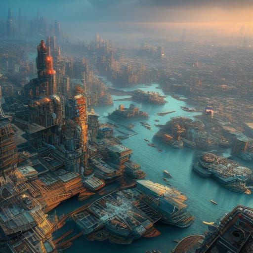 Futuristic City Impacted by Sea Level Rise