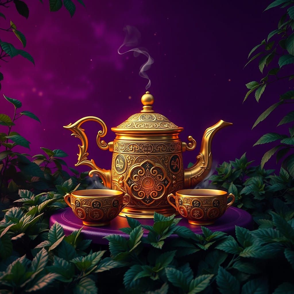 Golden Luxury Teapot in Ancient Forest