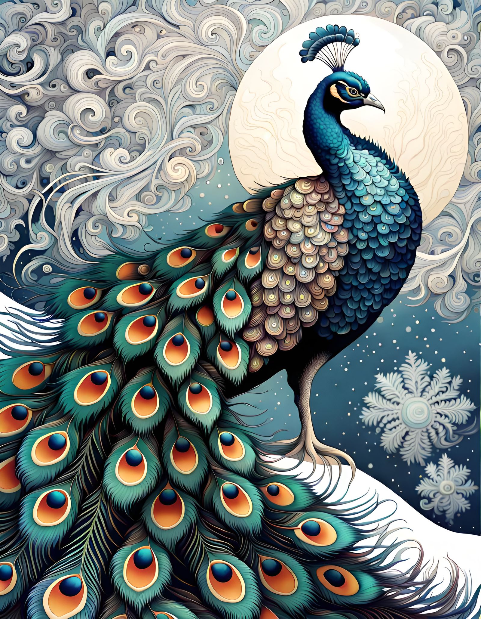Hyperdetailed Peacock in Winter Night Sky
