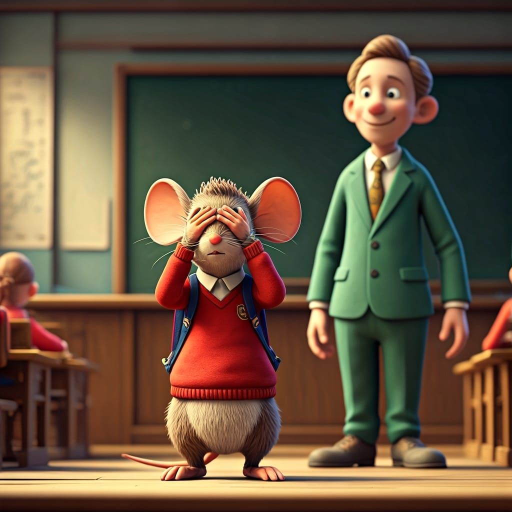 Shy Mouse in Classroom, Claymation Style