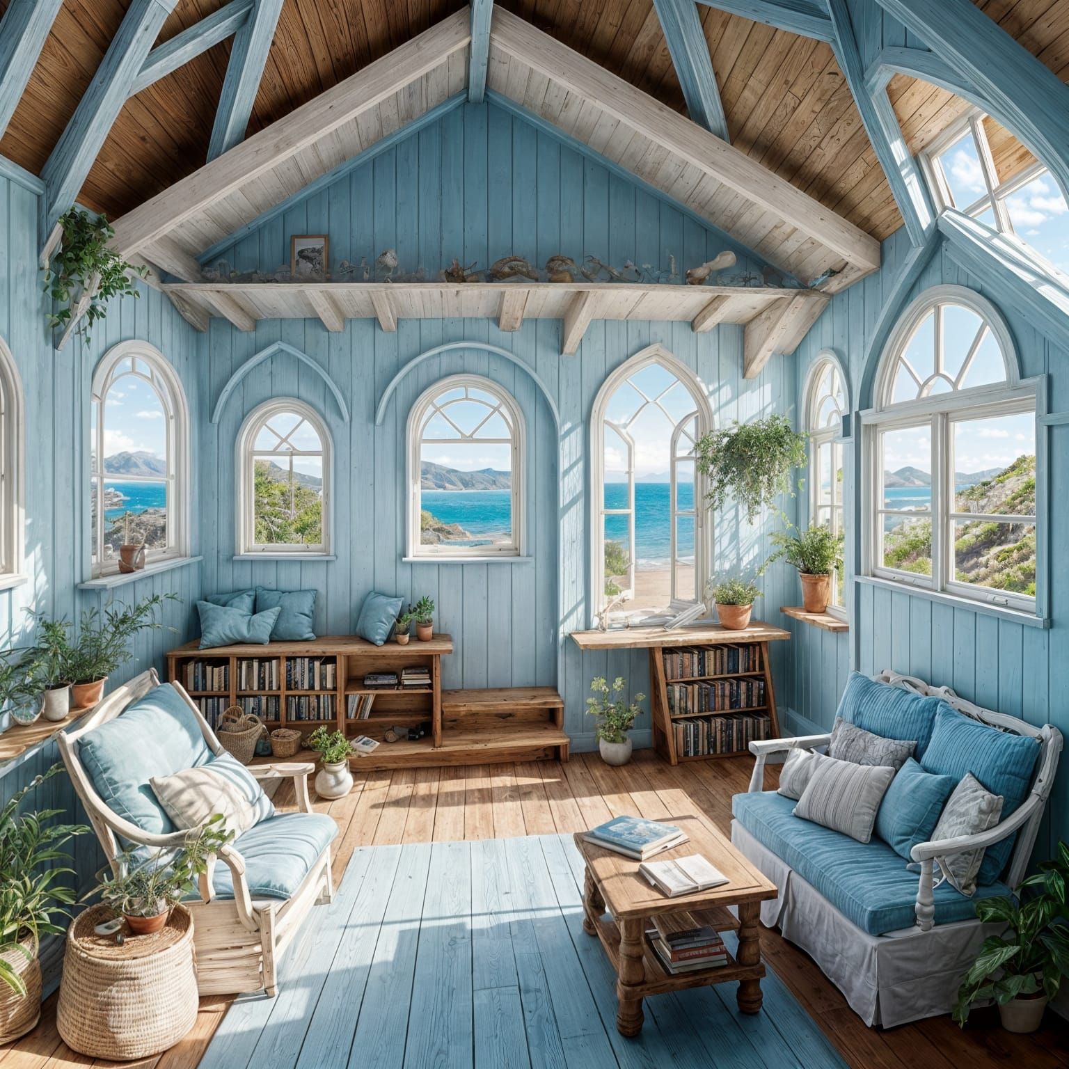 Charming Coastal Cottage Interior in Hyperdetailed Oil Paint...