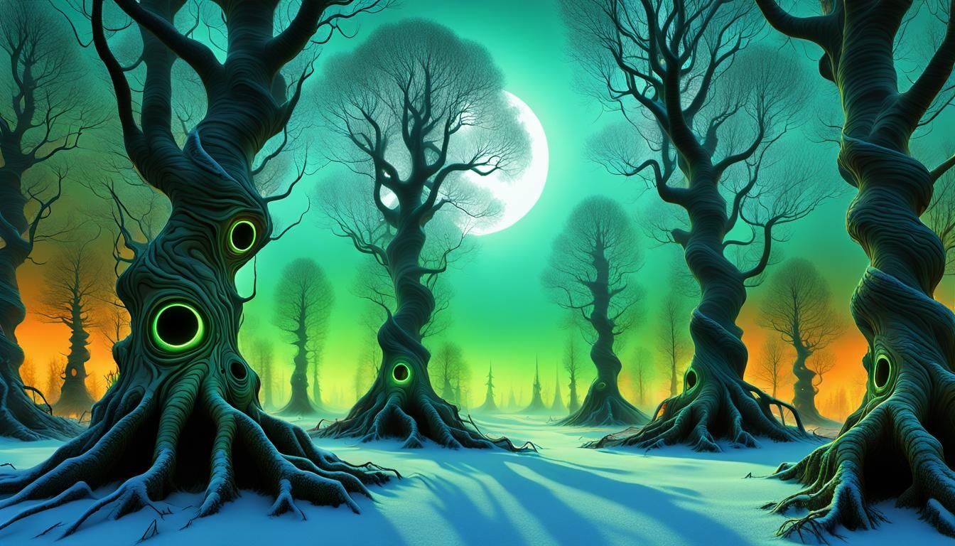 Eerie Bioluminescent Forest with Alien Scarecrows