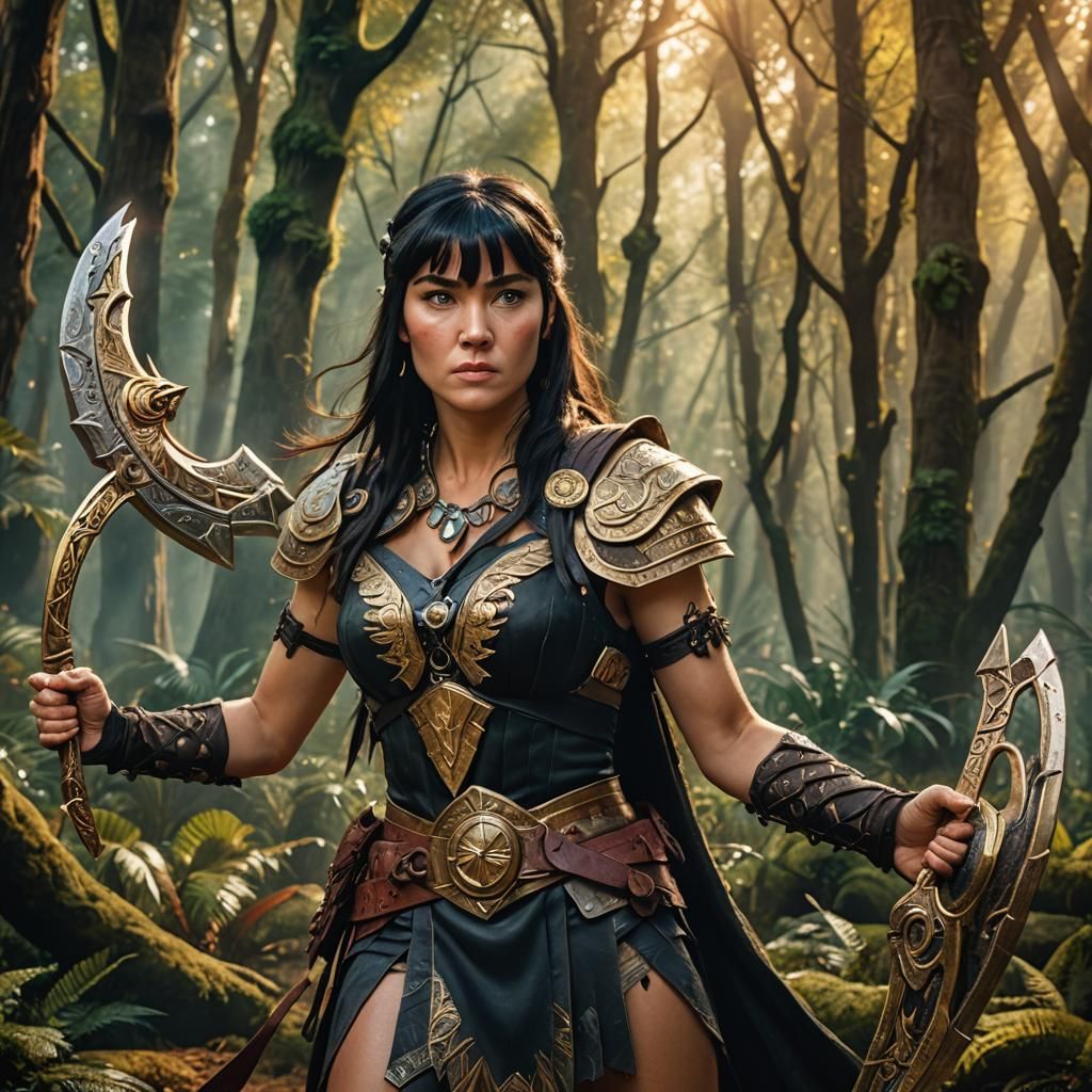 Xena Warrior Princess in Mystical Forest: Hyperrealistic Spl...