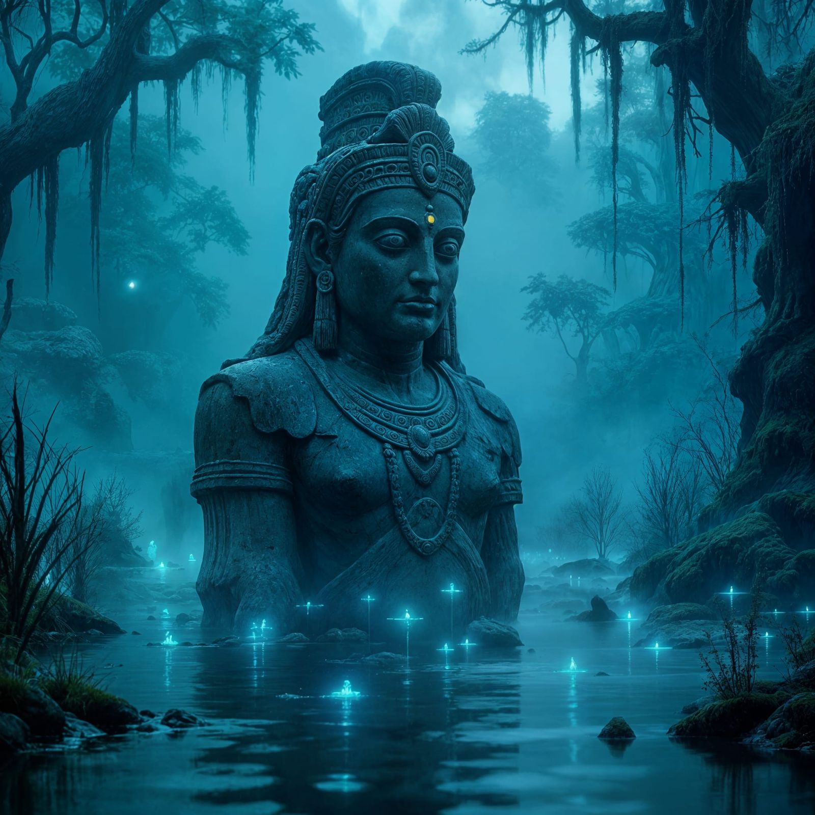 Ancient Deity Statue in Misty Twilight Swamp