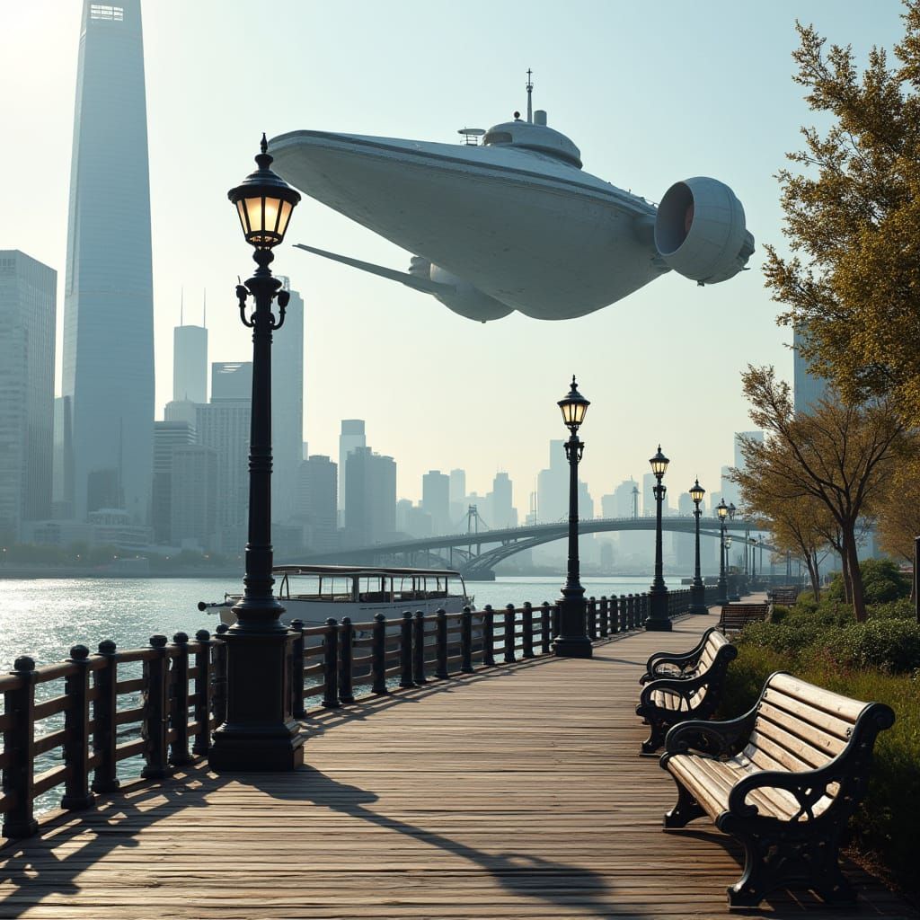 Hyper Realistic Boardwalk Scene with Star Cruiser Overhead