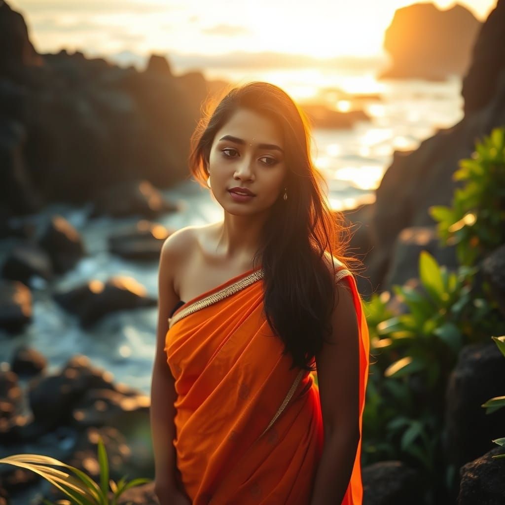 Woman in Vibrant Orange Saree Contemplates Ocean's Edge