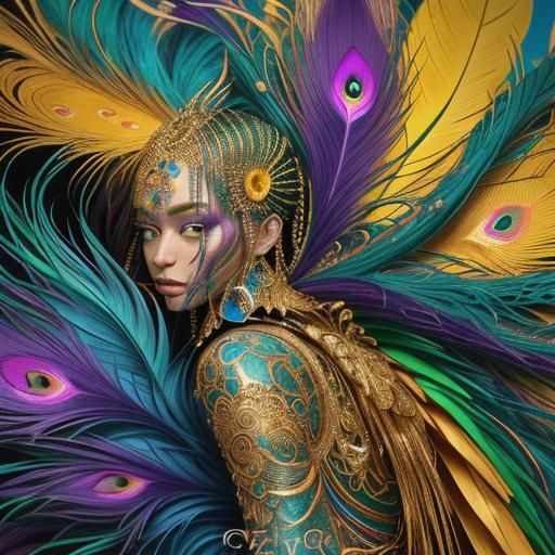 Golden Woman with Peacock Hair in Klimt Style
