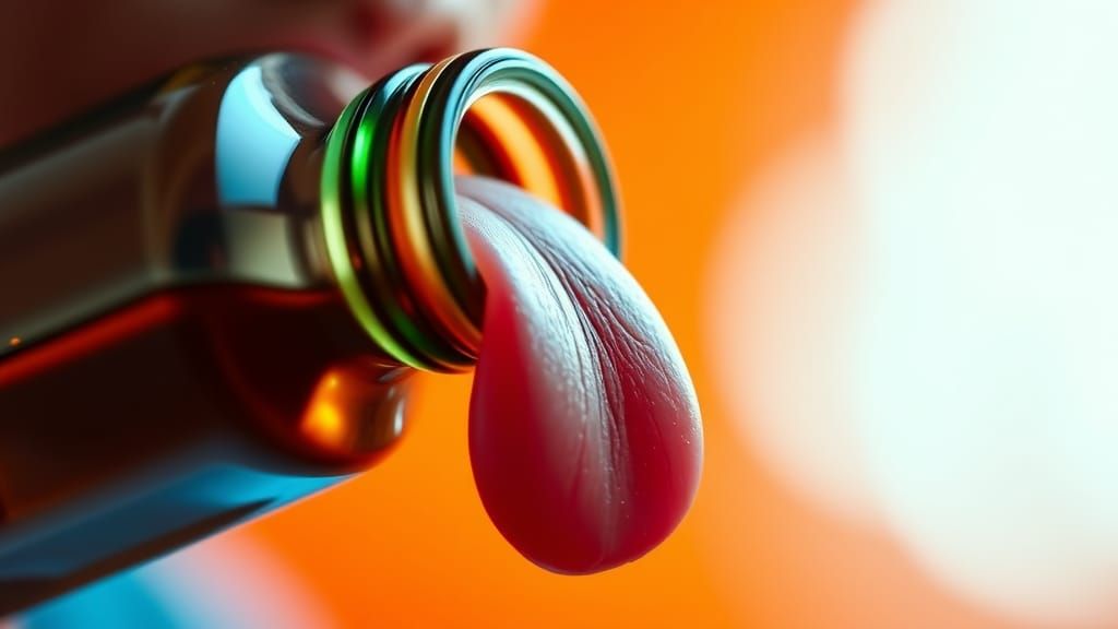 Vibrant Tongue Licks Bottle in Warm Orange Hues