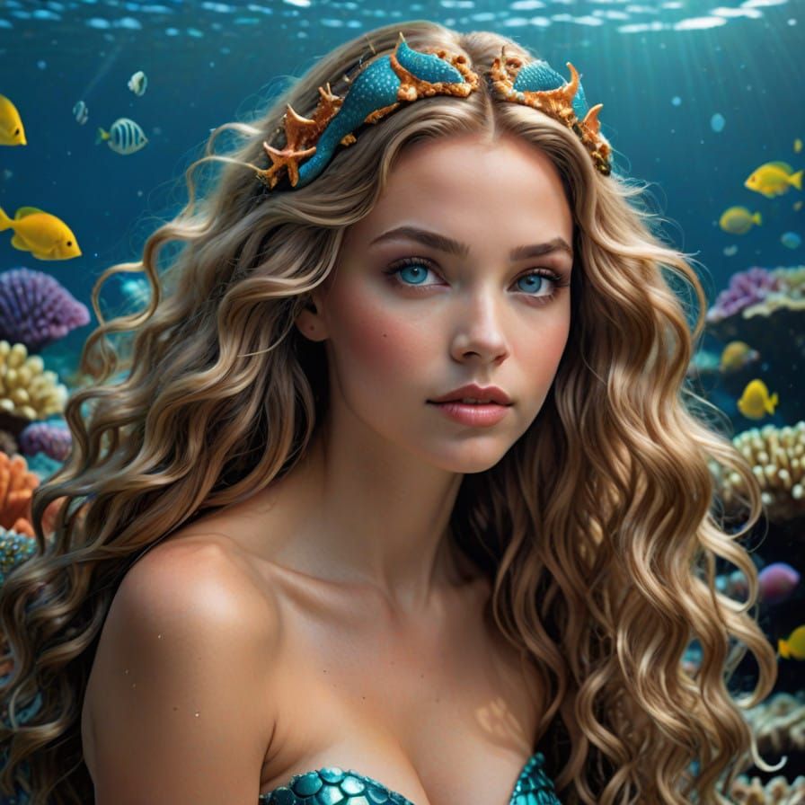 Mermaid Emerge from Vibrant Coral Reef in Portrait Style