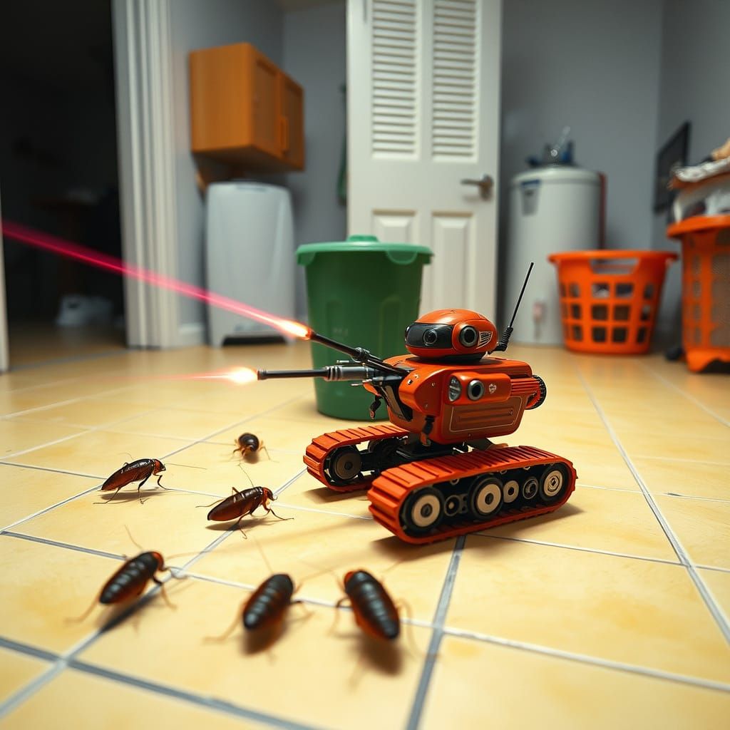 Robot Blasting Cockroaches in Hyper-Realistic Style
