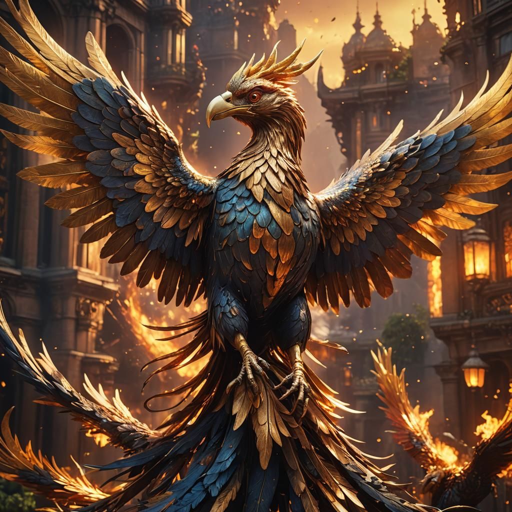 Majestic Metal Phoenix in Golden Light: Fantasy Concept Art
