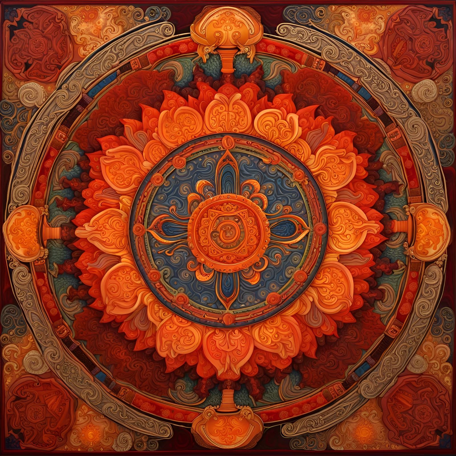 Fiery Mandala Silk Appliqué in Thangka Style