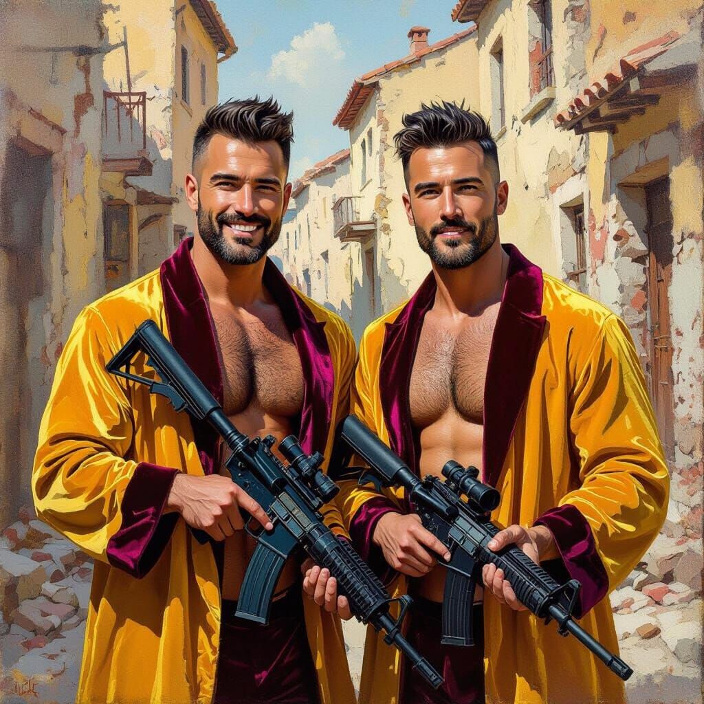 Impressionist Oil Painting of Men with Machine Guns in Robes