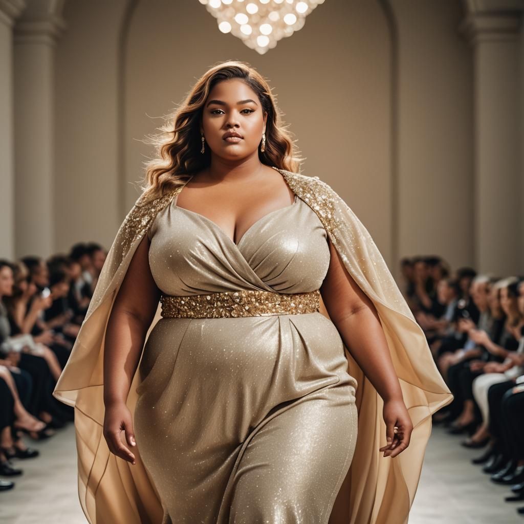 Glamorous Plus-Size Model on Runway in Soft Light