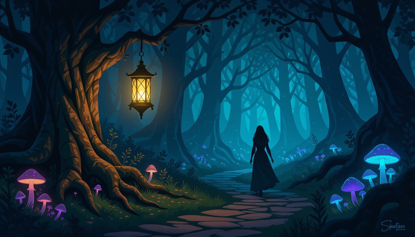Mysterious Lady Guided by Lantern in Dark Enchanted Forest
