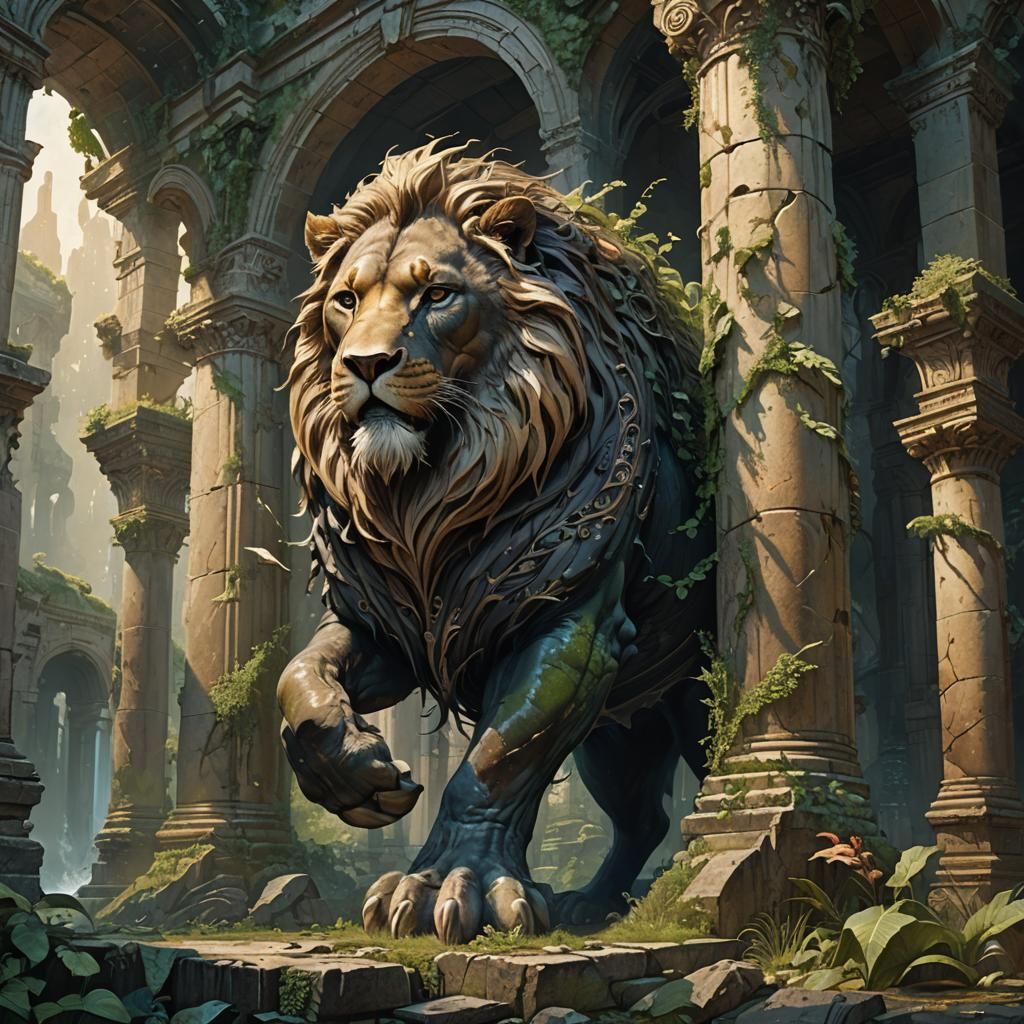 Whale-Lion Hybrid in Ruined Landscape: Dark Fantasy Art