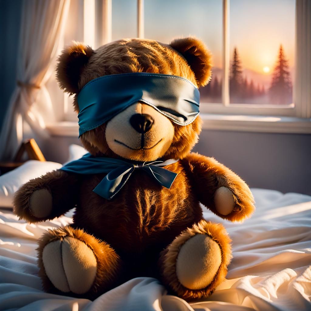 Teddy Bear with Sleep Mask in Cozy Bedroom