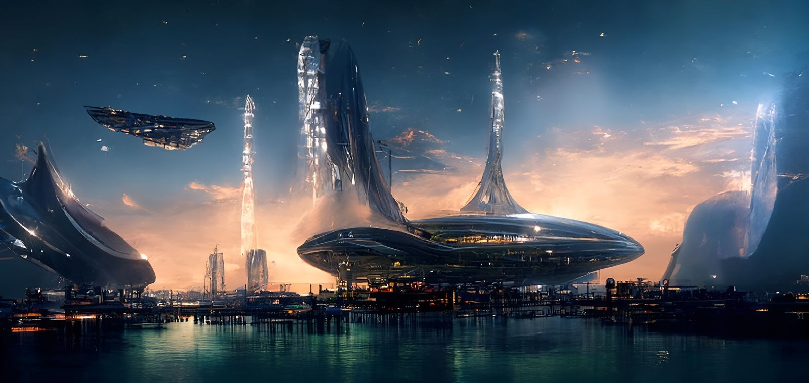 a beautiful 3d landscape scenery of a wide open area with majestic spacedock of highly developed species with complex in...