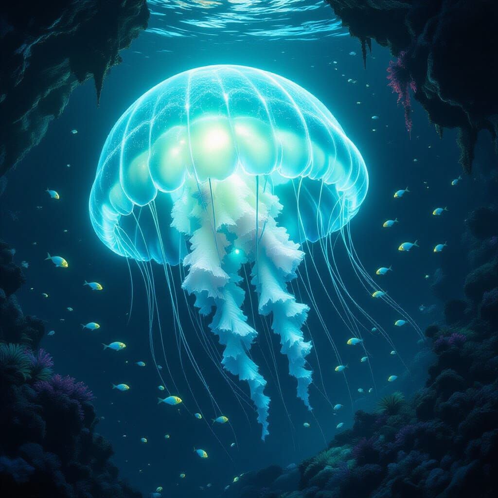 Bioluminescent Jellyfish in Subterranean Ocean, Fantasy Conc...