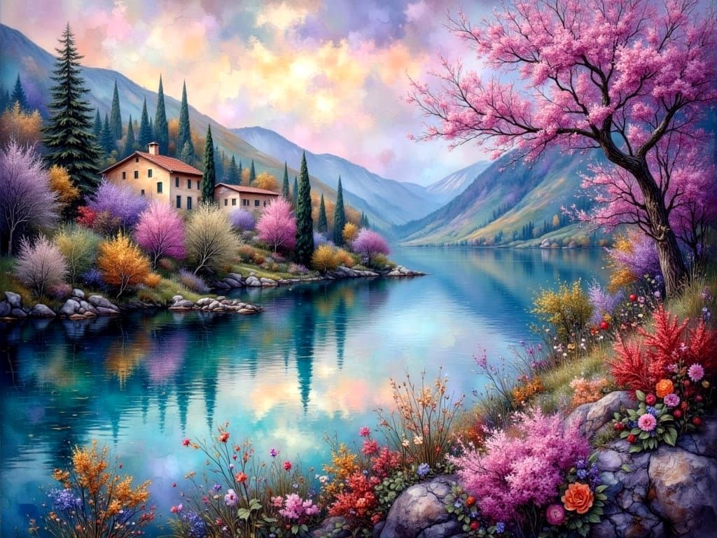 Old Italian Village Landscape With Mountains and Flowers